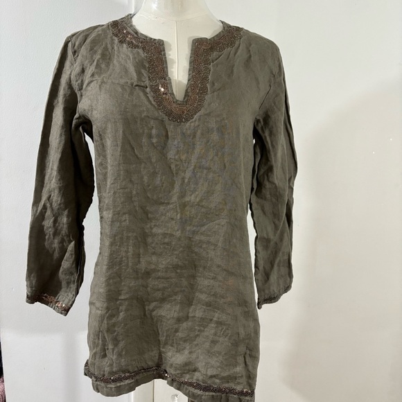 Lulu-B 100% Linen Womens S Blouse Brown Resort Travel Coverup Embellished Sequin - Picture 1 of 14